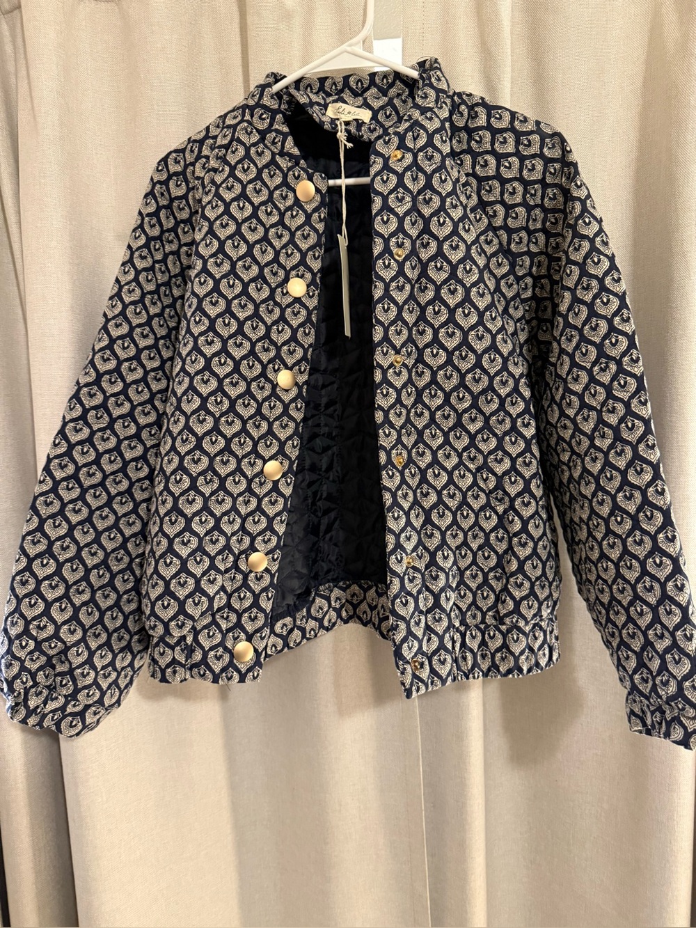 Lili Lala French Woven Navy Block Print Patterned Women's Jacket L